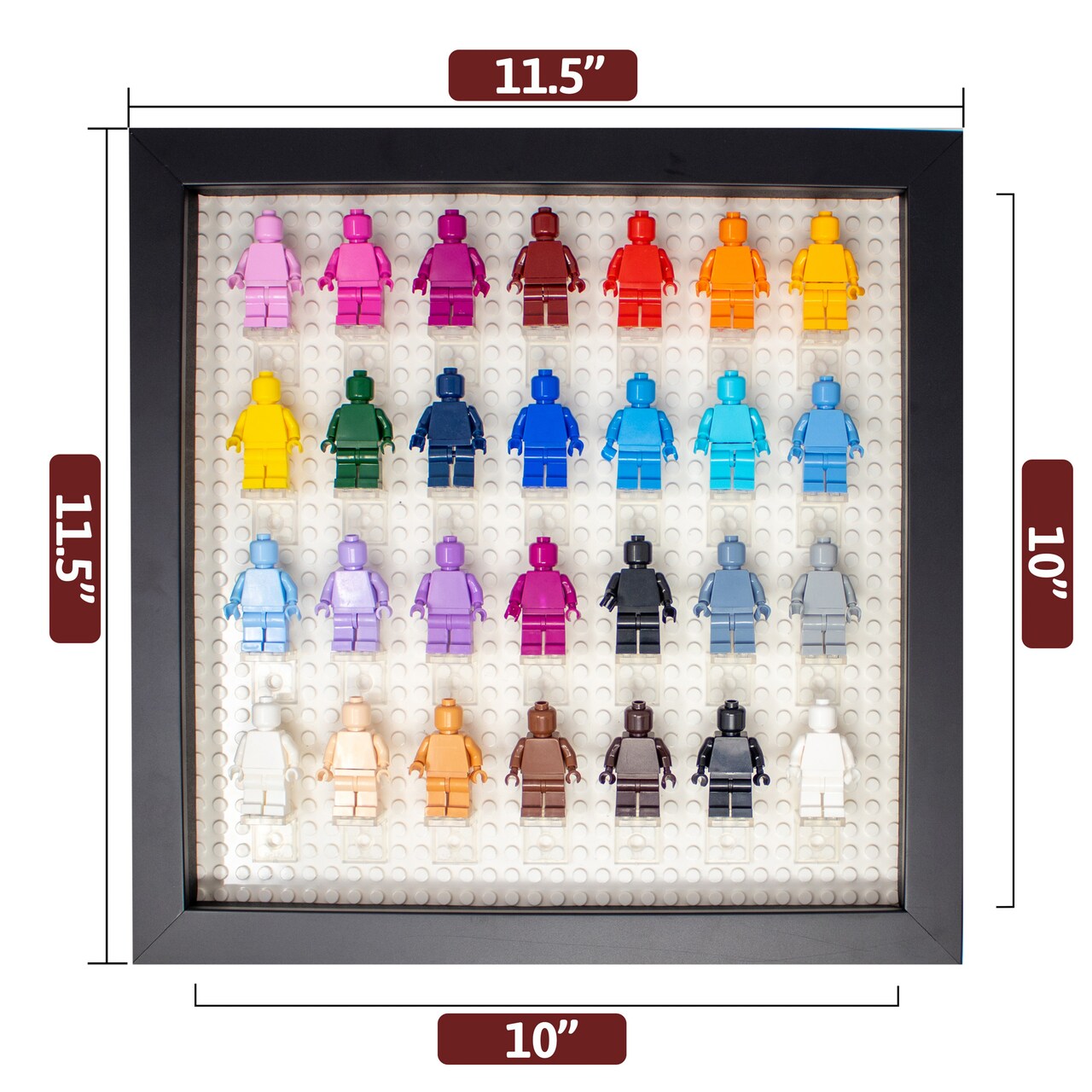 12x12 Wood Shadow Box Display Case Frame for Block Figures | Holds up to 28 Figurines - Display Brackets Included | UV Acrylic and White Base